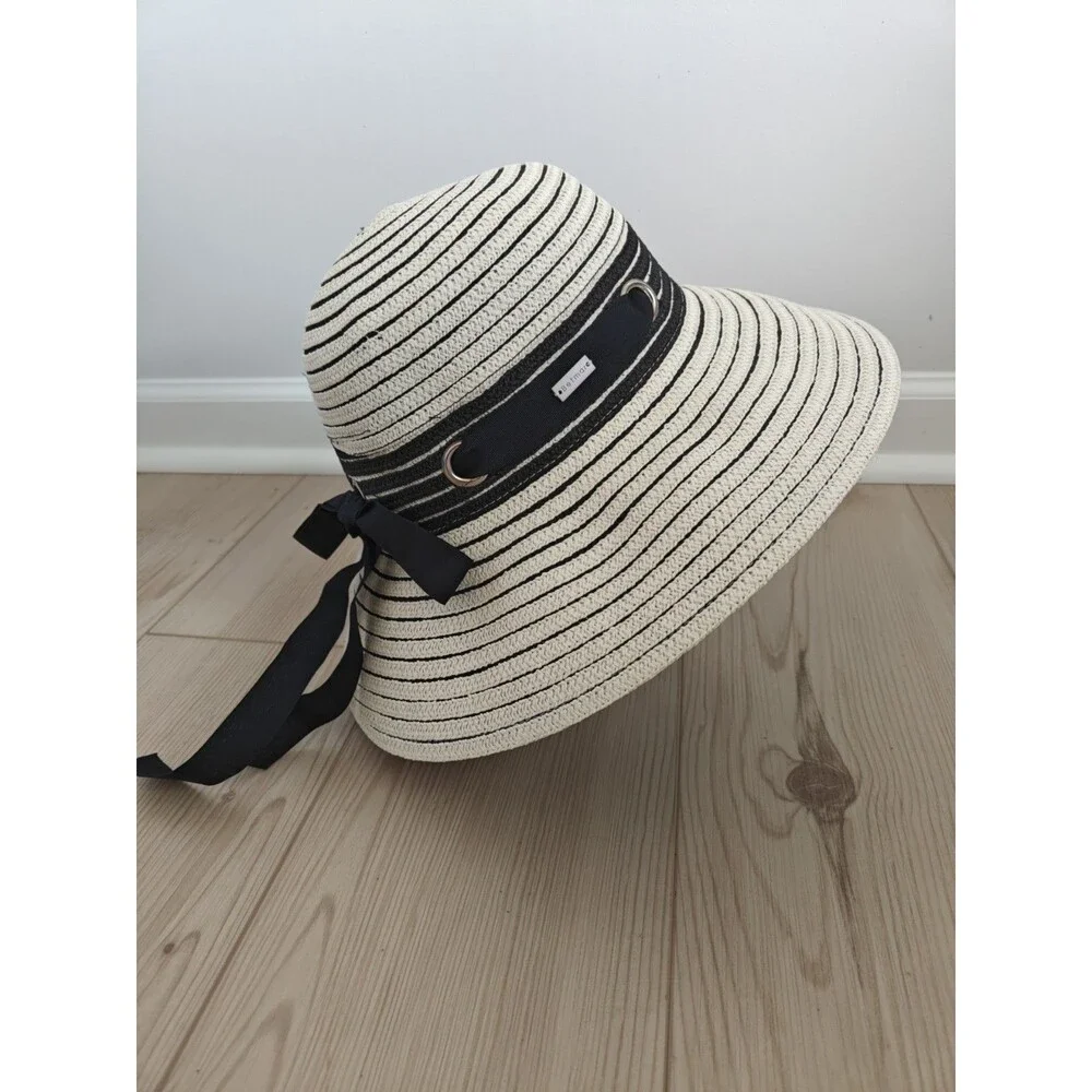 Betmar Women's Jasmine Wide Brim Sun Beach Hat ivory black one size NWT